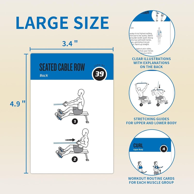 ELAORY بطاقات تمارين الكابل، مجموعة بطاقات 62 تمرين بحجم كبير 5" × 3.5" بطاقات لياقة بدنية للنساء والرجال، دليل لياقة بدنية للمبتدئين لتدريبات التمارين في المنزل أو في الصالة الرياضية - Image 2